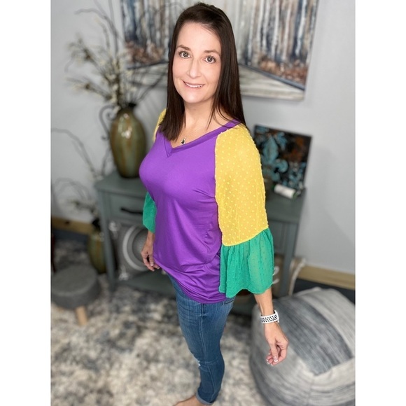 Mardi Gras Color Block Swiss Dot Flutter Bell Sleeves V Neck Tie Bottom 0724 - Picture 16 of 17